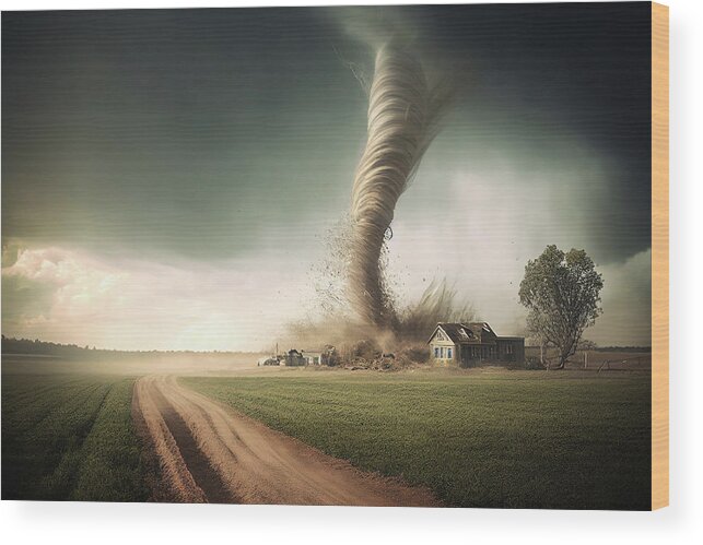 Farm Wood Print featuring the digital art Tornado Destroying Farmhouse by Jim Vallee