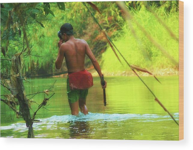 Fishing Wood Print featuring the photograph Tribal man goes fishing by Robert Bociaga