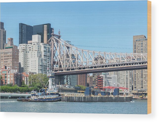 East River Wood Print featuring the photograph Tug and Barge Under Bridge by Cate Franklyn