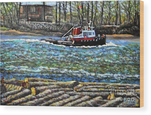 Tug Boat Wood Print featuring the painting Tugboat with Logs on the Fraser River by Eileen Fong