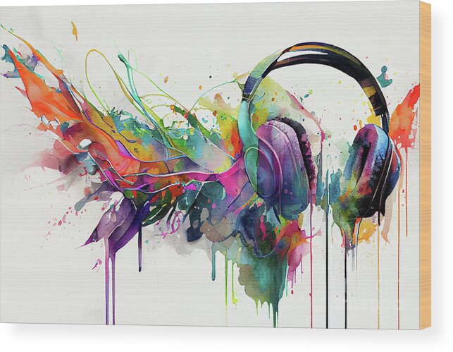 Watercolor Painting Of Headphones Wood Print featuring the painting Tunes by Mindy Sommers