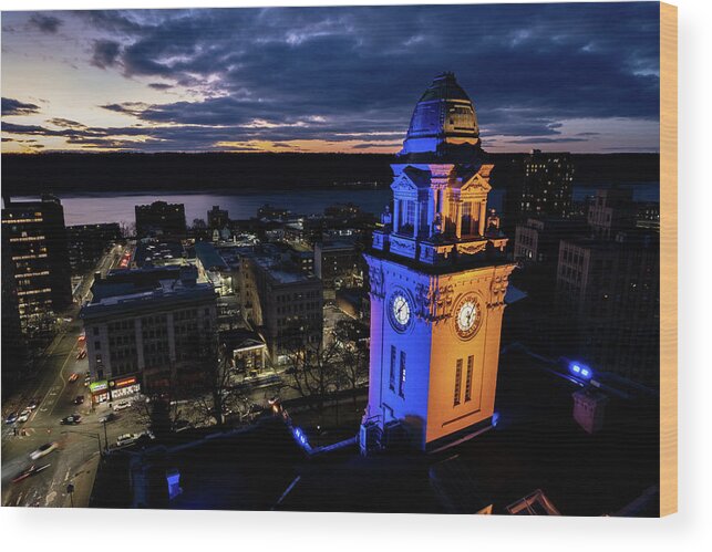 City Hall Wood Print featuring the photograph Ukrainian national colors illuminate city hall by Kevin Suttlehan