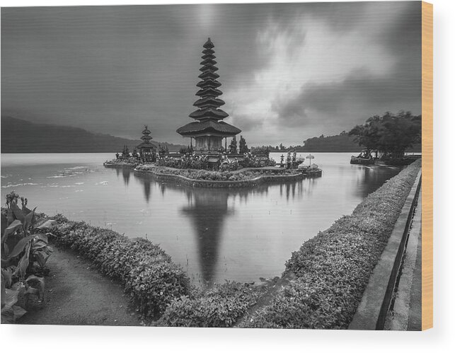 Architecture Wood Print featuring the photograph Ulun Danau Beratan temple with its reflection in the lake in black and white by Anges Van der Logt
