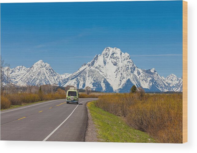 Camping Wood Print featuring the photograph Van on Highway, Grand Teton National Park by Amit Basu Photography