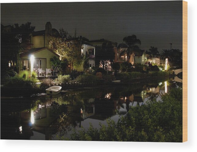 Venice Beach Wood Print featuring the photograph Venice Canals at Night Wall Art by Mark Stout