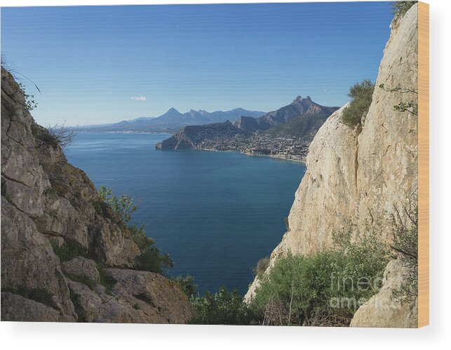 Mediterranean Sea Wood Print featuring the photograph View of the Mediterranean Sea and cliffs by Adriana Mueller