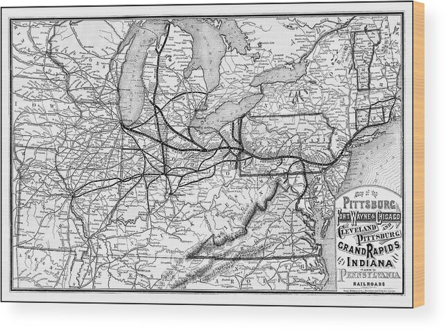 Railroad Wood Print featuring the photograph Vintage Railroad Map 1874 Pittsburgh and Beyond Black and White by Carol Japp