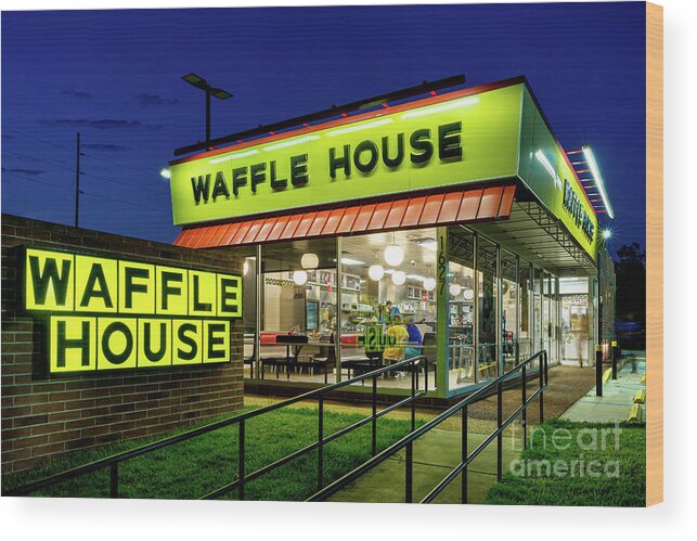 Augusta Wood Print featuring the photograph Waffle House at Night - Augusta GA by Sanjeev Singhal