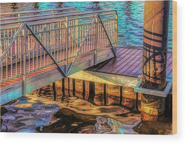 Walkway; Dock; Float; Morning; Light; Shadows; Railing; Abstract; Reach; Photo; Safety; Strength; Sart; Coastal; Marina; River; Balance; Beauty; Challenge; Nautical; Harmony; Suspended; Integrity; Wall Art; Contemporary Decor; Industrial Decor; Transitional Decor Wood Print featuring the photograph Walkway To Floating Dock Early Morning by Gary Slawsky
