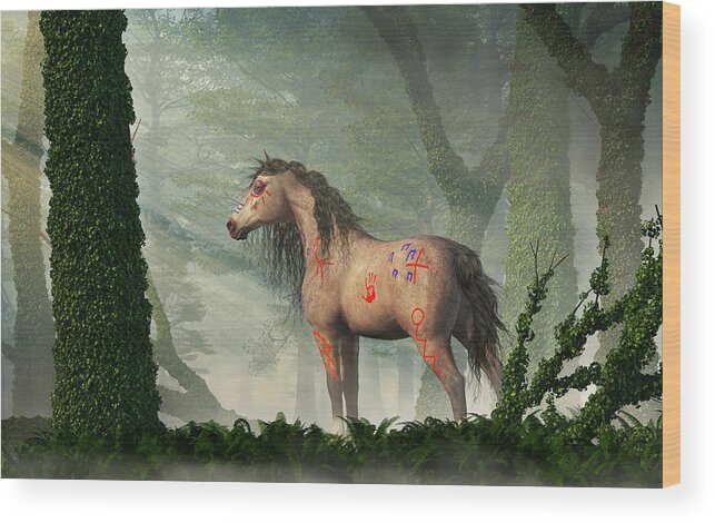 War Horse Wood Print featuring the digital art War Horse in a Misty Forest by Daniel Eskridge