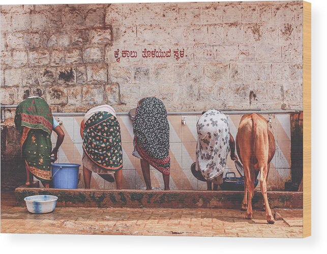 Washing Wood Print featuring the photograph Washer Women with a Cow by Dustin Ellison