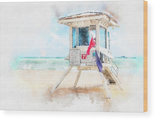 Lifeguard Tower Wood Print featuring the digital art Watercolor paint effect of lifeguard tower in Fort Lauderdale by Maria Kray