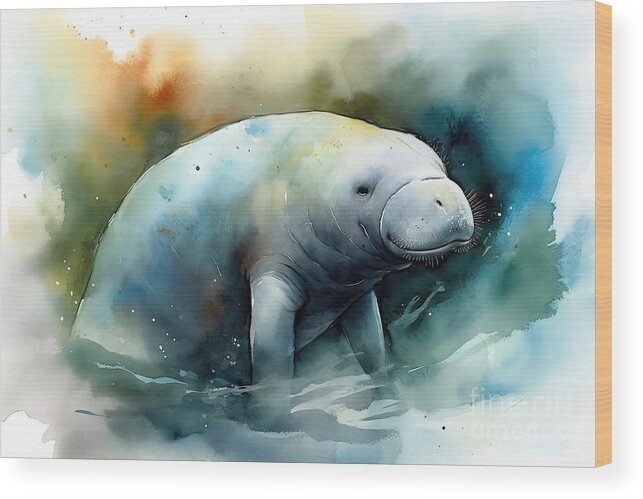 Manatee Wood Print featuring the painting Watercolor painting of a manatee. by N Akkash