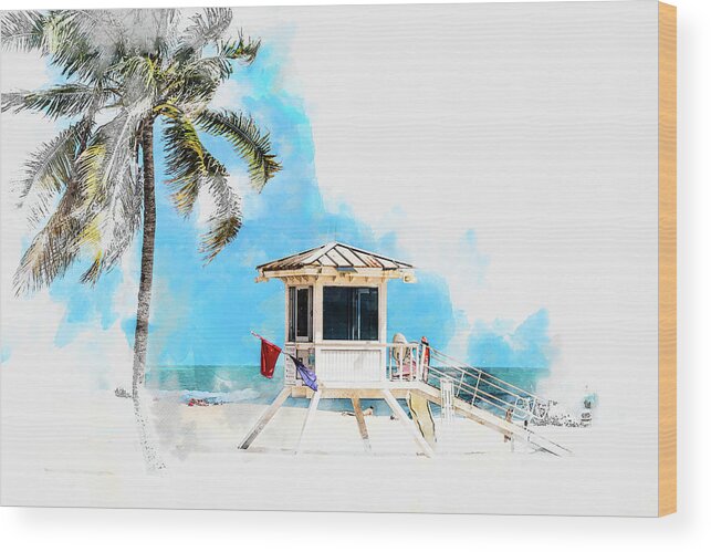 Lifeguard Tower Wood Print featuring the digital art Watercolor sketch of lifeguard tower in Fort Lauderdale USA by Maria Kray