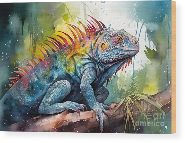 Iguana Wood Print featuring the painting Watercolour painting of colorful iguana in the rain forest, ill by N Akkash