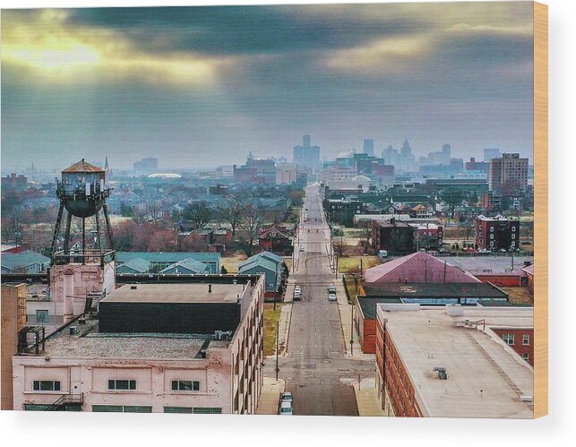 Detroit Wood Print featuring the photograph Watertower Skyline V2 DJI_0690 by Michael Thomas