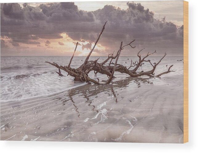 Tree Wood Print featuring the photograph Waves at Sunrise Jekyll Island Beach by Debra and Dave Vanderlaan