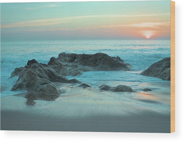 Beach Sunset Wood Print featuring the photograph Waves, rocks and sunset in Salgados by Angelo DeVal