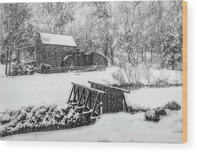 Grist Mill Wood Print featuring the photograph Wayside Inn Grist Mill BW by Susan Candelario