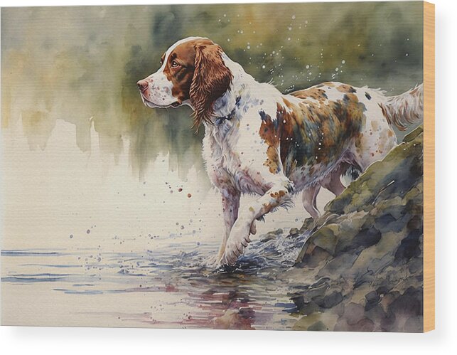 Dog Wood Print featuring the painting Welsh Springer Spaniel by the River by Kai Saarto