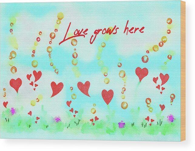 Whimsical Wood Print featuring the digital art Whimsical Garden of Love Watercolor Painting  by Shelli Fitzpatrick