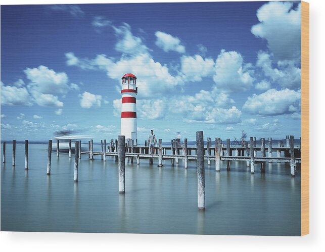 Destinations Wood Print featuring the photograph White-red lighthouse in Podersdorf am See by Vaclav Sonnek