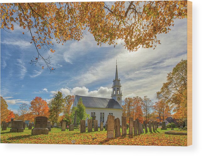 New Hampshire Fall Foliage Wood Print featuring the photograph White Steeple Community Church of Sandwich in the Squam Lake Region by Juergen Roth