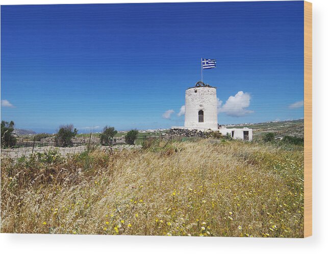 Greece Wood Print featuring the photograph White windmills of Santorini by Created by Tomas Zrna