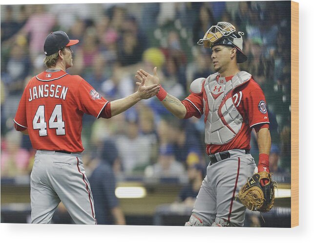 Three Quarter Length Wood Print featuring the photograph Wilson Ramos and Casey Janssen by Mike Mcginnis