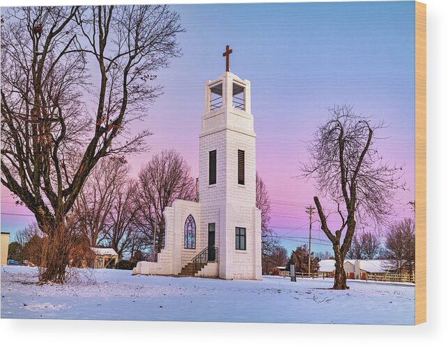 Historic Tower Wood Print featuring the photograph Winter Grace - The Tontitown Bell Tower In A Purple And Blue Dawn by Gregory Ballos
