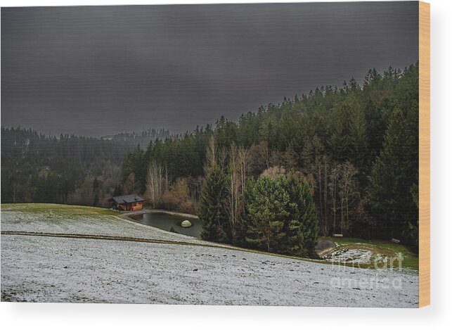 Abandoned Wood Print featuring the photograph Winter Landscape With Cottage At Lake And Forest In Lower Austria In Austria by Andreas Berthold