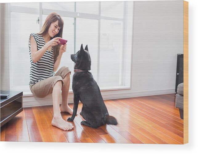 Pets Wood Print featuring the photograph Woman photographing dog on camera phone by Takamitsu GALALA Kato