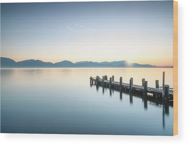 Lake Wood Print featuring the photograph Wooden pier at sunrise by Stefano Orazzini