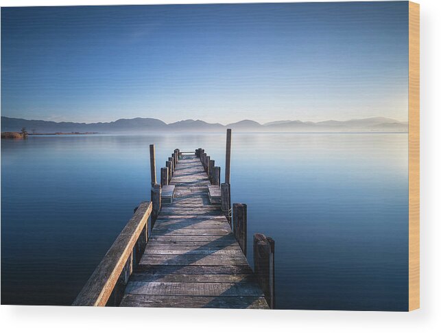 Lake Wood Print featuring the photograph Pier in a Blue Lake by Stefano Orazzini