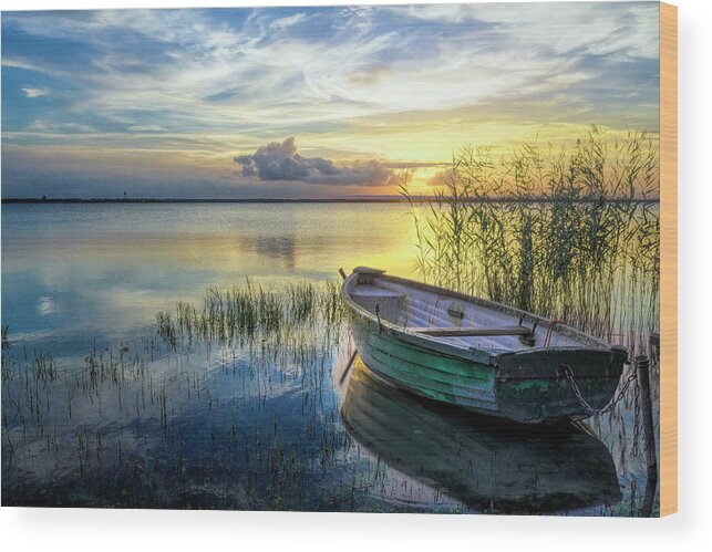 Boats Wood Print featuring the photograph Wooden Rowboat at Sunset by Debra and Dave Vanderlaan