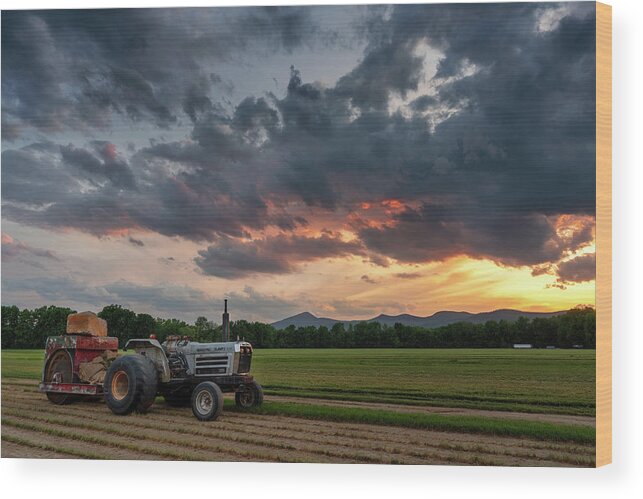 #tractor#farm#stow#western#maine#summer#sunset#fields Wood Print featuring the photograph Work Day is Done by Darylann Leonard Photography