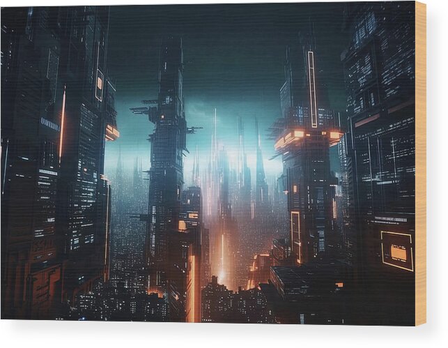 Cyberpunk Wood Print featuring the painting World of Tomorrow, 18 by AM FineArtPrints