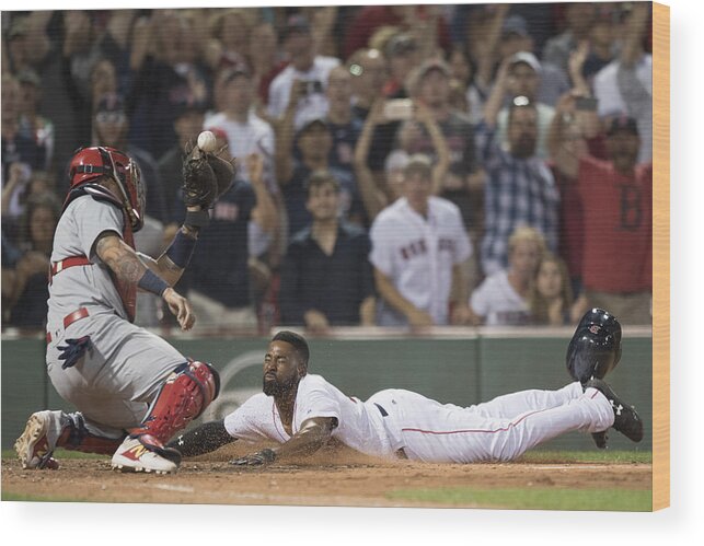 Scoring Wood Print featuring the photograph Yadier Molina and Jackie Bradley by Michael Ivins/Boston Red Sox