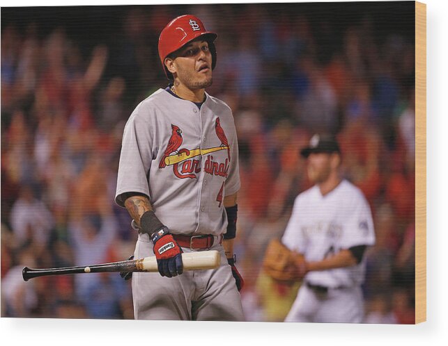 St. Louis Cardinals Wood Print featuring the photograph Yadier Molina and Scott Oberg by Doug Pensinger