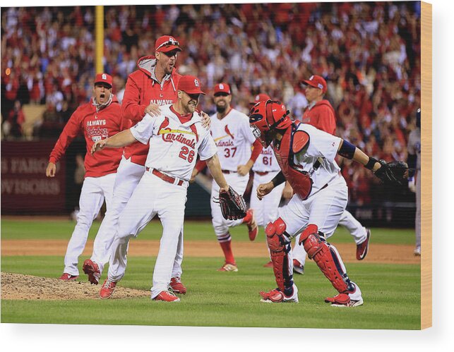 St. Louis Cardinals Wood Print featuring the photograph Yadier Molina and Trevor Rosenthal by Jamie Squire