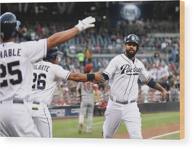 People Wood Print featuring the photograph Yangervis Solarte, Will Venable, and Matt Kemp by Denis Poroy