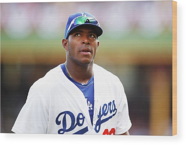 Looking Wood Print featuring the photograph Yasiel Puig by Brendon Thorne