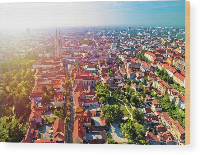 Croatia Wood Print featuring the photograph Zagreb. Aerial sun haze view of Zagreb cathedral and historic ci by Brch Photography