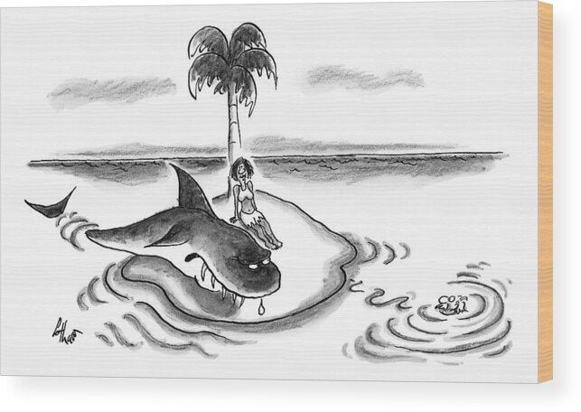 Shark Wood Print featuring the drawing A Woman Is Seen On A Deserted Island With A Shark #1 by Frank Cotham