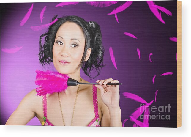 Maid Wood Print featuring the photograph Cleaning lady maid dusting with feather duster #1 by Jorgo Photography