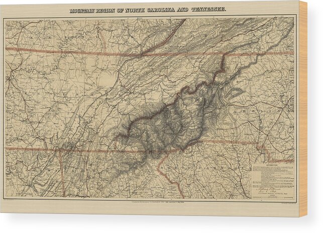 Great Smoky Mountains Wood Print featuring the drawing Antique Map of the Great Smoky Mountains - North Carolina and Tennessee - by W. L. Nickolson - 1864 by Blue Monocle