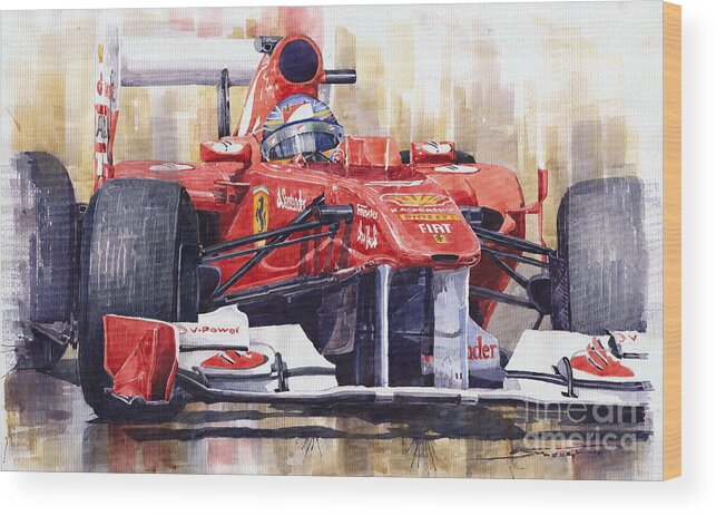 Watercolour Wood Print featuring the painting 2011 Ferrari 150 Italia Fernando Alonso F1  by Yuriy Shevchuk
