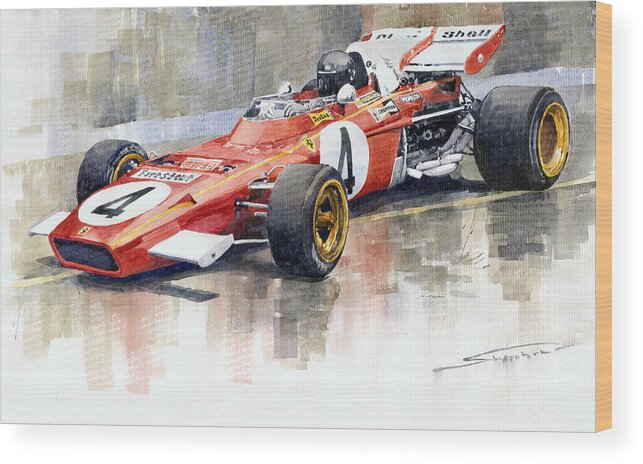 Watercolor Wood Print featuring the painting 1971 Ferrari 312 B2 1971 Monaco GP F1 Jacky Ickx by Yuriy Shevchuk