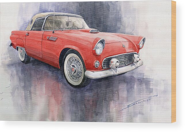 Watercolor Wood Print featuring the painting Ford Thunderbird 1955 Red by Yuriy Shevchuk