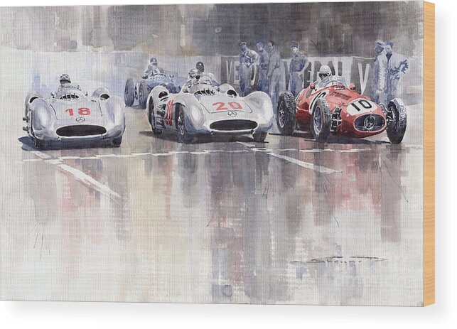 Watercolour Wood Print featuring the painting French GP 1954 MB W 196 Meserati 250 F by Yuriy Shevchuk